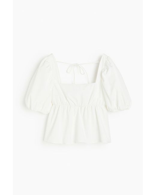 H&M White Bluse mit Bindedetail und Puffärmeln