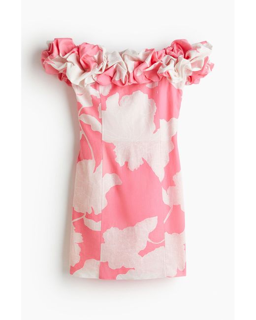 H&M Off-the-shoulderjurk Met Ruches in het Pink