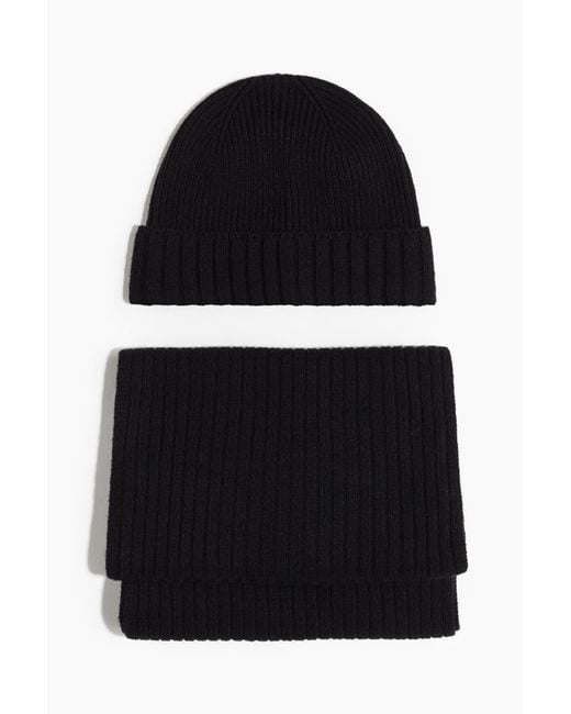 H&M Set mit Mütze und Schal aus Merinowolle in Black für Herren