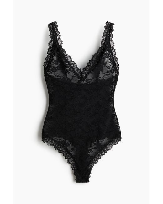 H&M Kanten Stringbody in het Black