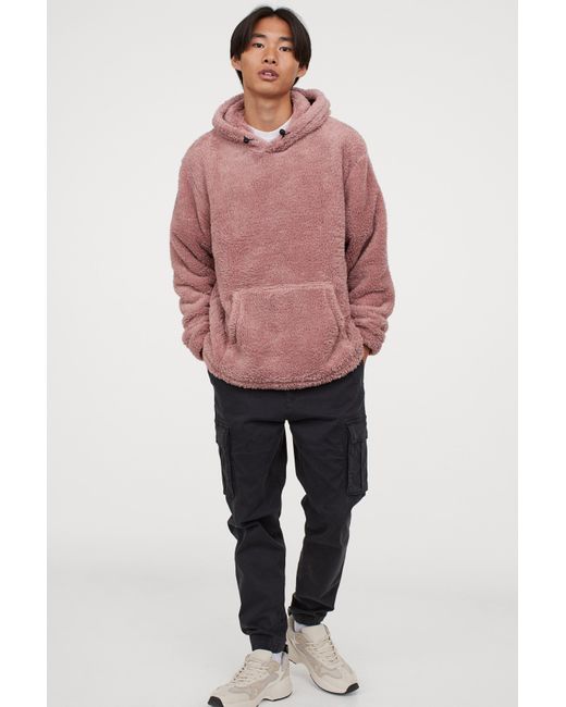 H&M Faux Shearling Hoodie in Pink for Men | Lyst