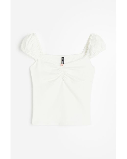 H&M White Shirt mit Picot-Besätzen und Puffärmeln
