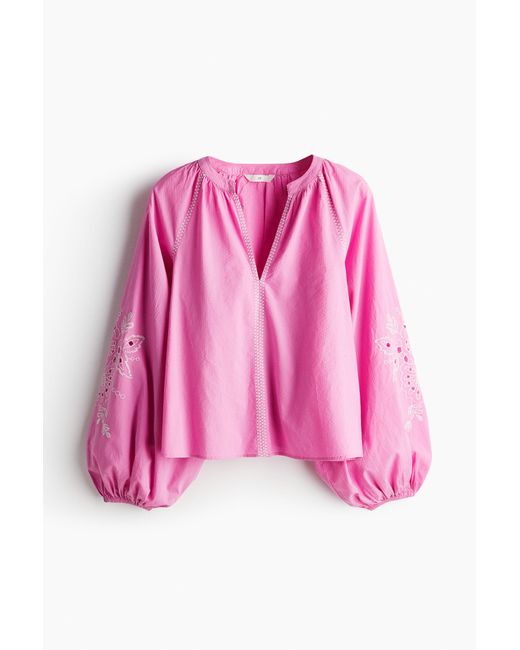 H&M Pink Bestickte Bluse mit Ballonärmeln