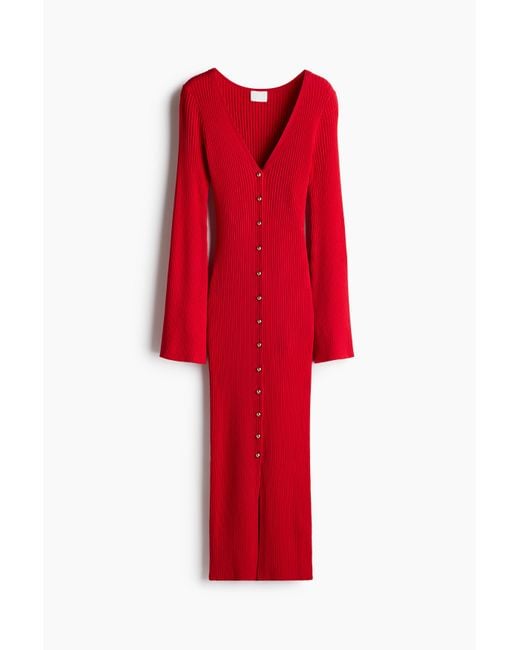 H&M Red Durchgeknöpftes Kleid in Rippstrick