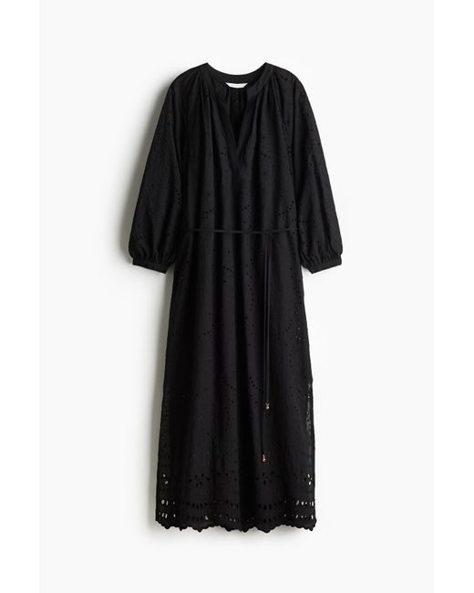 H&M Black Kleid mit Broderie Anglaise und Bindegürtel