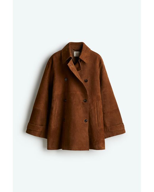 H&M Brown Zweireihige Velourslederjacke