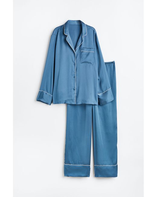 H&M Satin Pyjama Shirt And Bottoms in Blue | Lyst Australia