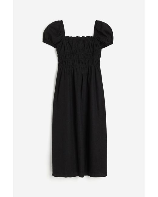 H&M Black Kleid mit gesmokter Taille aus Leinemix