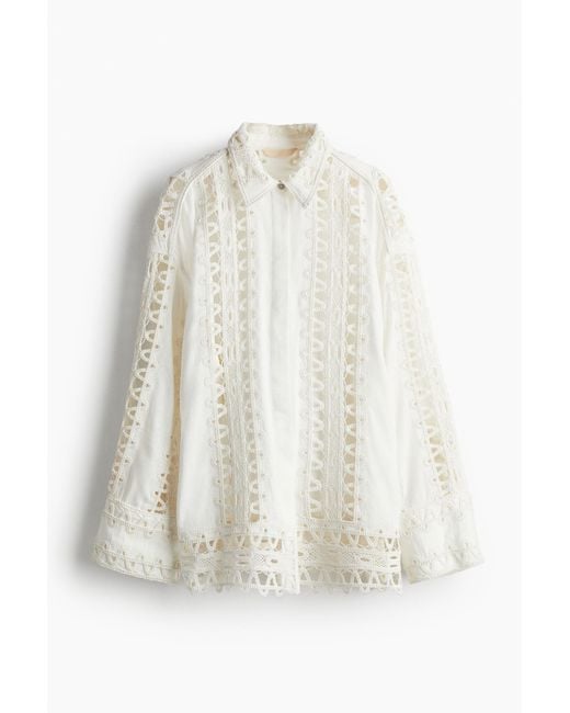 H&M White Bestickte Bluse aus Leinenmix