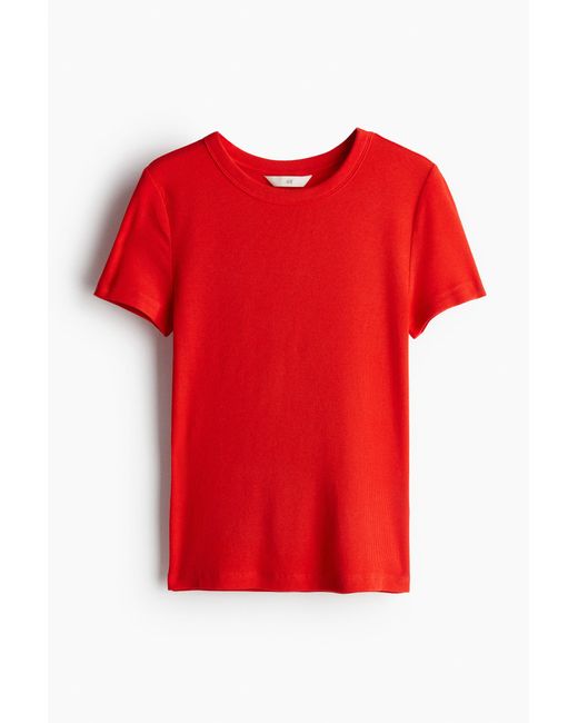 H&M Red Geripptes T-Shirt aus Modalmix