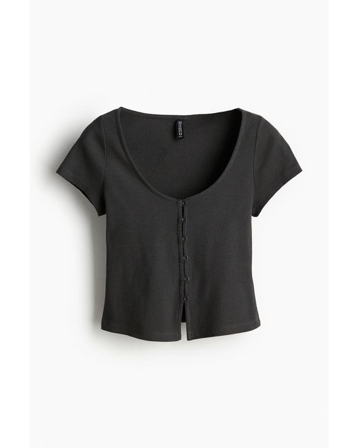 H&M Black Geripptes Shirt mit Knopfleiste