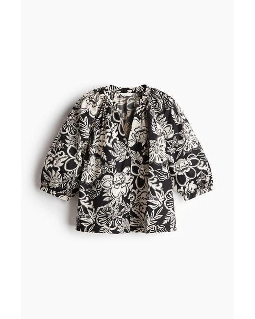 H&M Black Popelinebluse mit Ballonärmeln