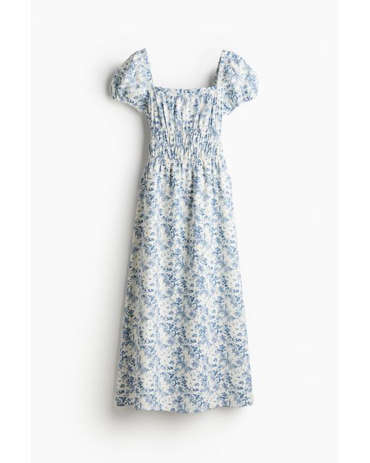 H&M Blue Kleid mit gesmokter Taille aus Leinemix