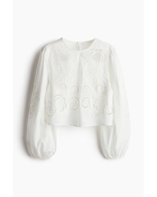 H&M White Baumwollbluse mit Broderie Anglaise