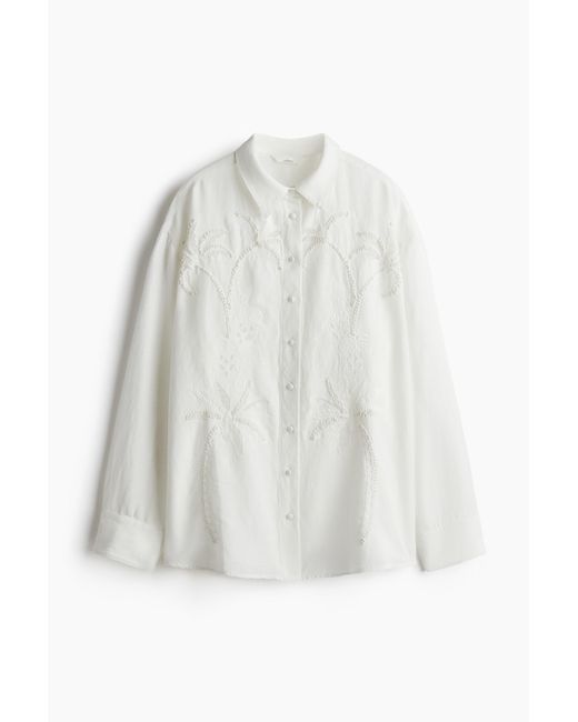 Embroidered linen-blend shirt H&M en coloris White