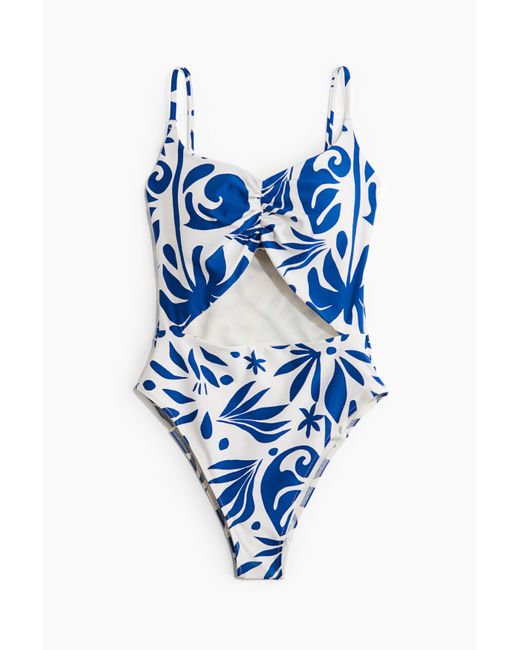 H&M Blue Badeanzug mit wattierten Cups und High Leg