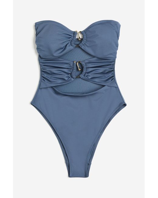 H&M Blue Bandeau-Badeanzug mit wattierten Cups und High Leg