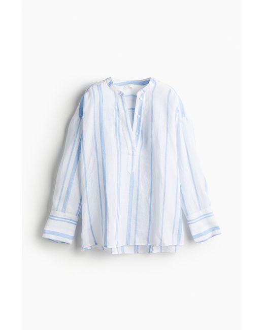 H&M Linnen Popover-blouse in het Blue