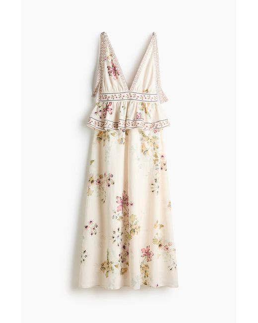 H&M Natural Kleid aus Leinenmix mit Bindeträgern