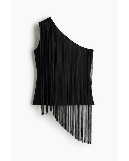 H&M Black One-Shoulder-Top mit langen Fransen