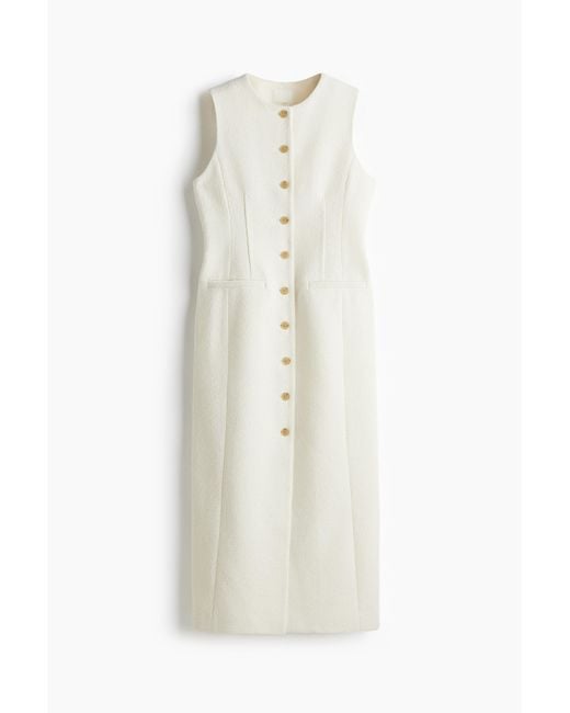 H&M White Langes Bouclé-Kleid mit Knöpfen