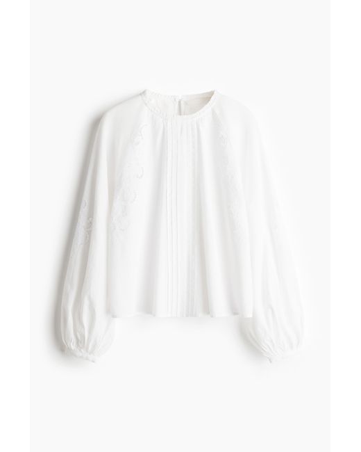 H&M White Bluse aus Leinenmix mit Broderie Anglaise