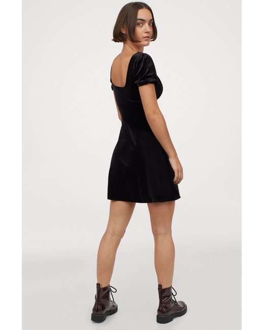 H&M Puff-sleeved Dress in Black | Lyst