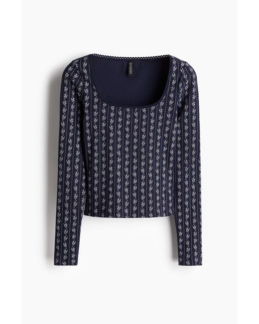 H&M Blue Geripptes Shirt mit Picot-Besatz