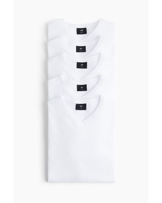 H&M 5er-Pack T-Shirts mit V-Ausschnitt in Slim Fit in White für Herren