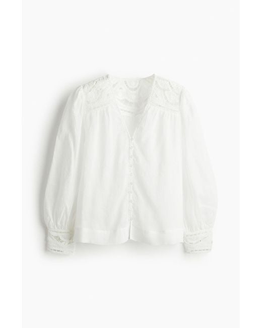 H&M White Bestickte Bluse aus Ramie