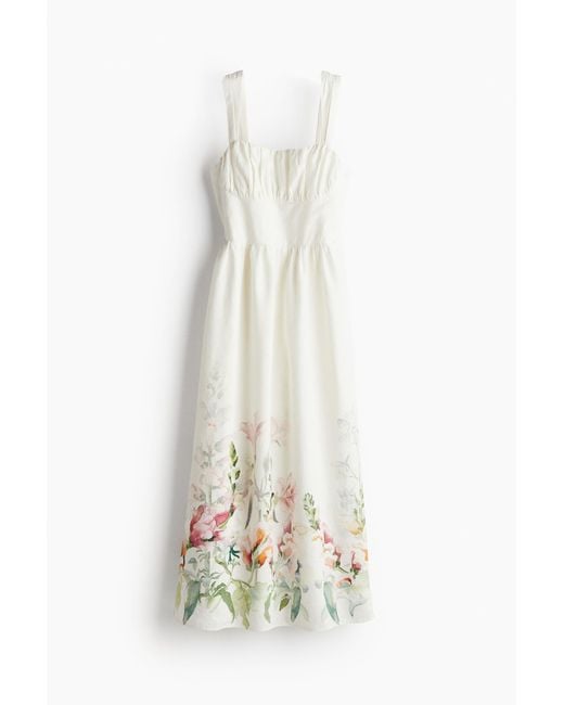 H&M White Bedrucktes Kleid aus einer Leinenmischung