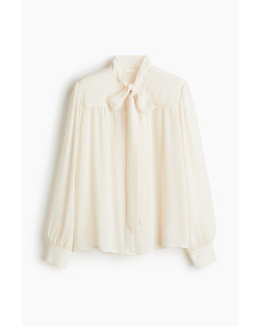 H&M Chiffon Blouse Met Strikkraag in het White