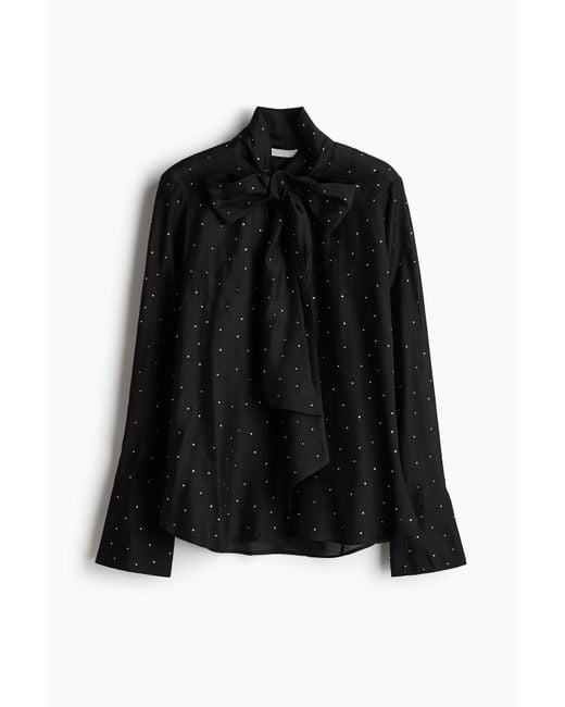 H&M Black Strassverzierte Bluse mit Bindekragen