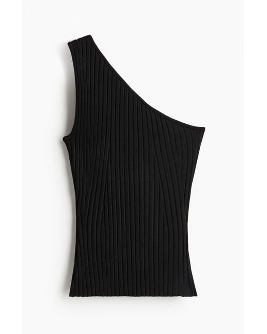 H&M Ribgebreide One-shouldertop in het Black