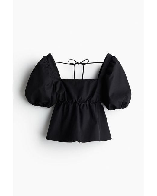 H&M Black Bluse mit Bindedetail und Puffärmeln