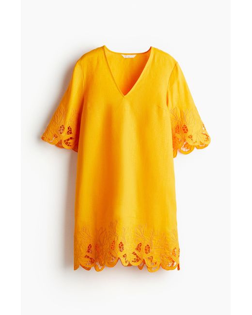Broderie anglaise linen dress H&M en coloris Yellow