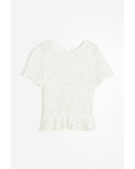 H&M White Shirt in Pointellestrick mit Bindedetail