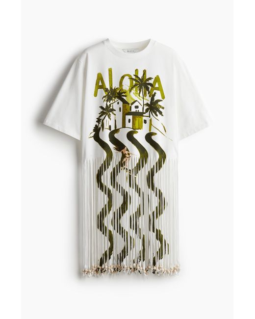 H&M White T-Shirt-Kleid mit Fransen