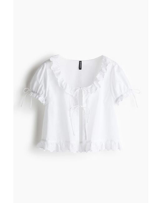 H&M White Baumwollbluse mit Volants