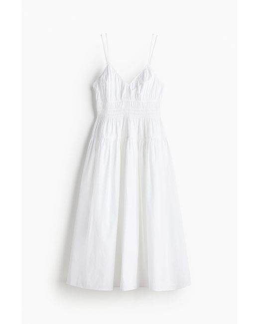 H&M White Baumwollkleid mit gesmokter Taillenpasse