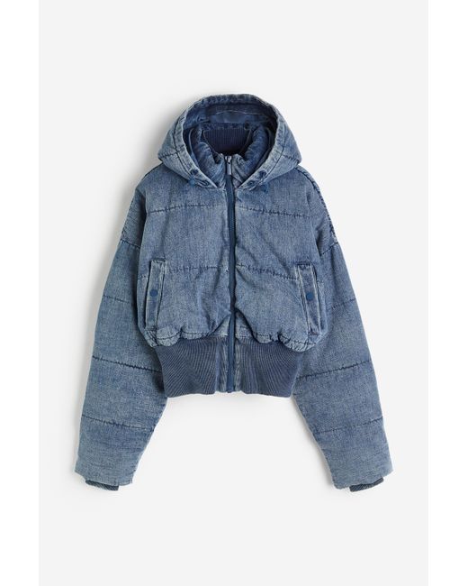 H&M Blue Cropped Rib Hem Denim Puffer