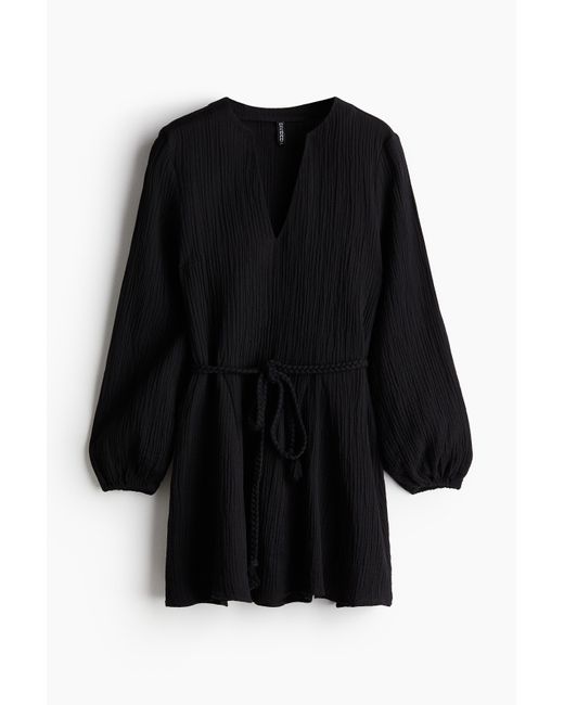 H&M Black Kleid mit Ballonärmeln und Bindegürtel