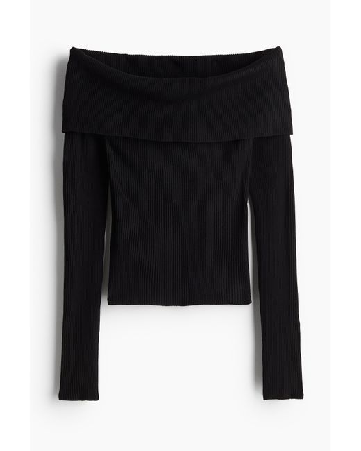 H&M Black Schulterfreies Shirt in Rippstrick