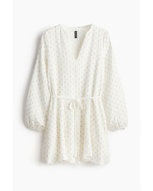 H&M White Kleid mit Ballonärmeln und Bindegürtel