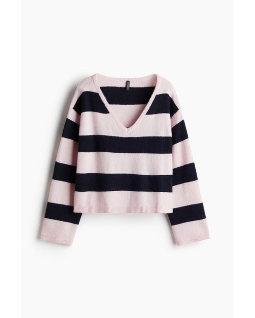 H&M White Feinstrick-Pullover mit V-Ausschnitt