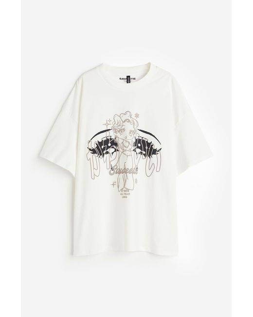 H&M Oversized T-shirt Met Print in het White