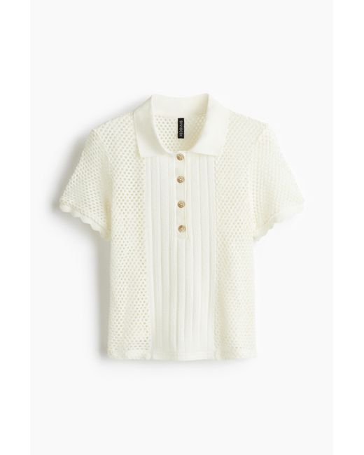 H&M White Poloshirt in Ajourstrick