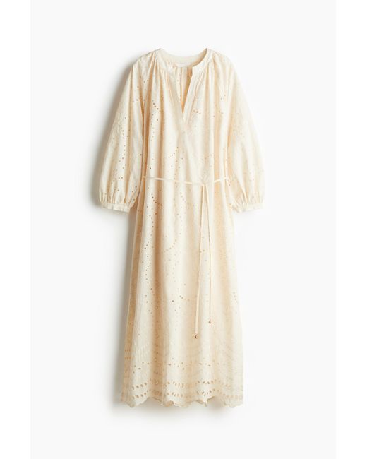 H&M Natural Kleid mit Broderie Anglaise und Bindegürtel
