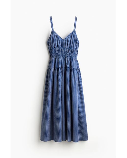 H&M Blue Baumwollkleid mit gesmokter Taillenpasse