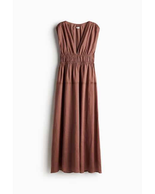 H&M Brown Ramie-Kleid mit gesmokter Taillenpasse